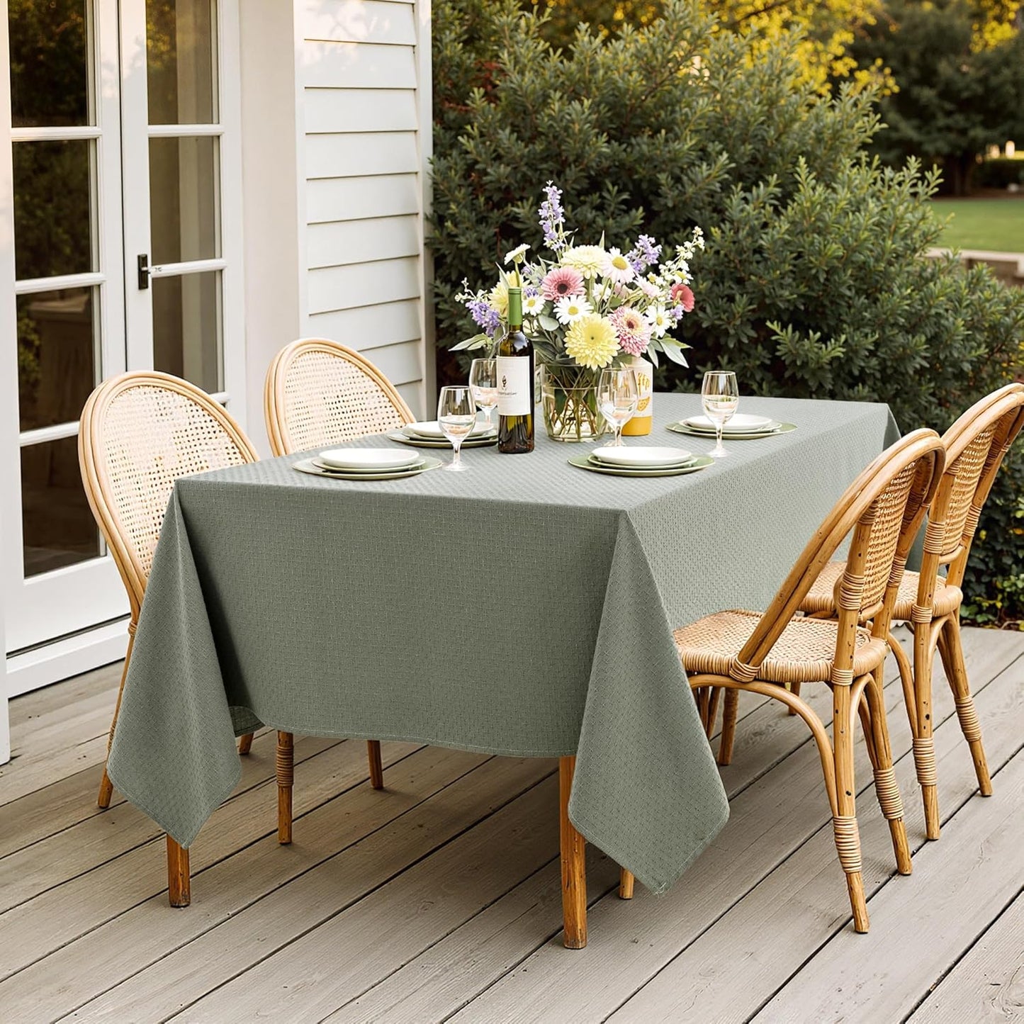 MIULEE Olive Green Linen Cottton Table Cloth Rectangle Tablecloth Waterproof Spillproof Cross-Star Textured Table Cltoth Decorative Farmhouse Style for Dining Party Weddings 52x70 Inch