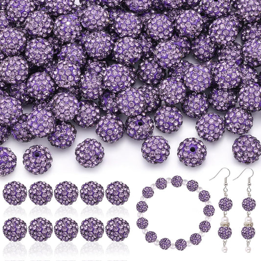 200pcs 10mm Rhinestone Beads for Jewelry Making, Purple Shiny Round Disco Ball Beads Bulk, Sparkle Crystal Clay Christmas for Bracelet Baseball Necklace Earring Crafting and DIY