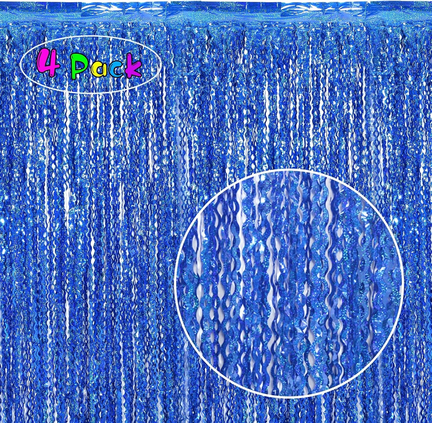 4 Pack 3.3 ft x 6.6 Wavy Sparkle Dark Blue Foil Fringe Backdrop Curtain - Navy Blue Streamer Backdrop Tinsel Curtains for Door Streamers Ocean Birthday Party Decorations Disco Party