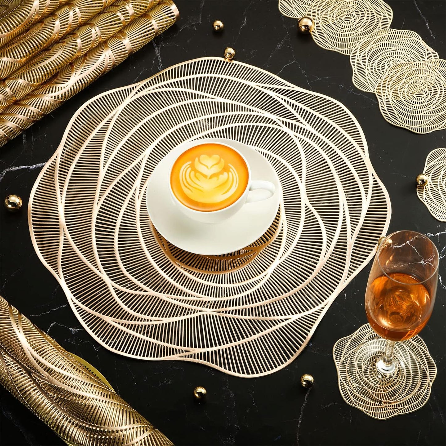 Sieral 24 Set 15 Inch Round Pressed Vinyl Placemats Hollow Out Rose Placemat Set Metallic Slip Resistant Place Mat Coaster Including Place Mats and Coasters for Wedding Dining Kitchen (Gold)