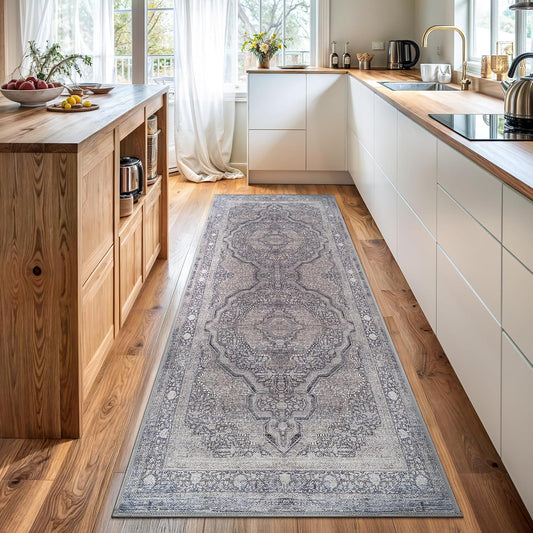 Bloom Rugs Washable Non-Slip 10 ft Runner - Blue/Steel Gray/Beige Traditional Medallion Runner for Entryway, Hallway, Bathroom, and Kitchen - Exact Size: 2.5' x 10'