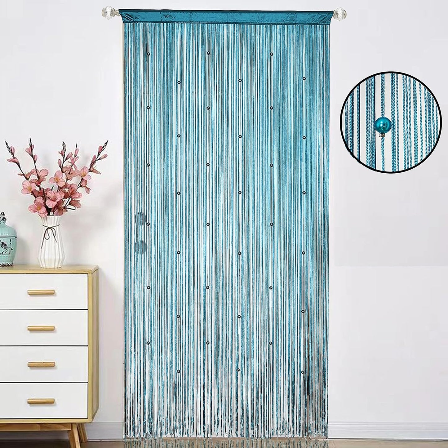 Beaded Curtain Beads Door String Curtains Ideal for Living Room Decor Wall Hanging Fringe Doorway Divider Bedroom Backdrop Hippie Window Closet Privacy Rod Pocket Dense (100x200cm,Teal Blue)