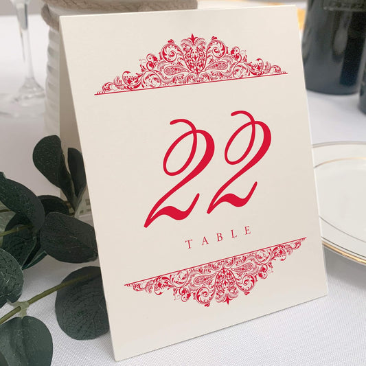 Paisley Wedding Table Numbers (Select Color/Quantity), Champagne, Ruby Red, 1-25, Double Sided, Tent or Use in a Stand, Great for Parties & Restaurants - Made in the USA