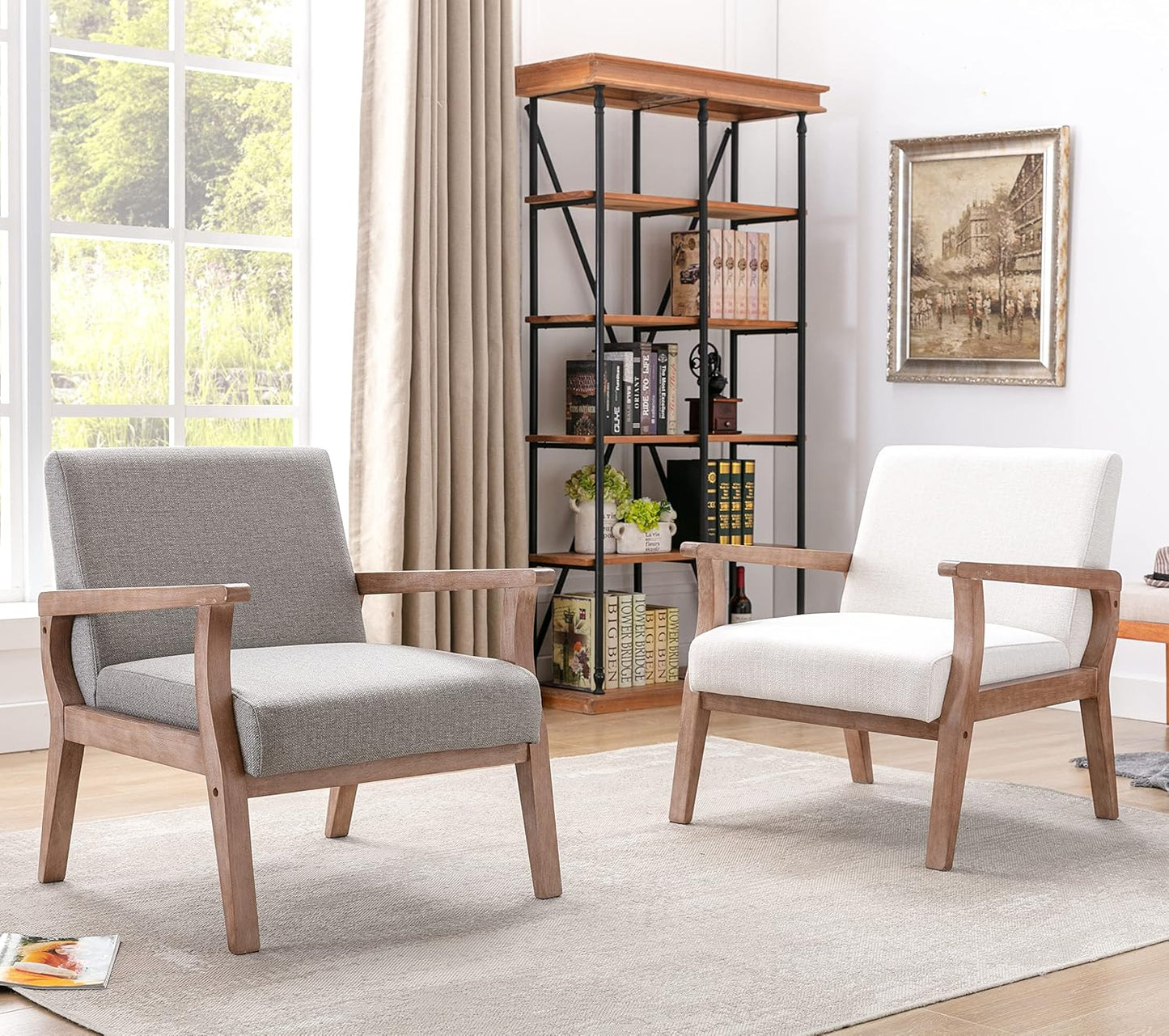 Mid Century Modern Accent Chair, Linen Upholstered Living Room Accent Armchair with Wood Frame, Farmhouse Chair for Living Room Bedroom, Gray