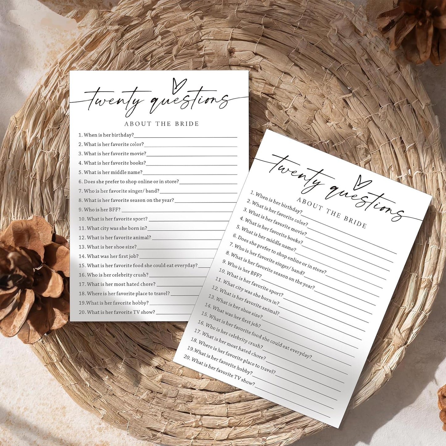 Fun Wedding Shower Games Cards, Twenty Questions About The Bride, Bridal Party Game and Favors for 25 Guests, Bridal Shower Decorations, Minimalist White Wedding Party Supplies - A07