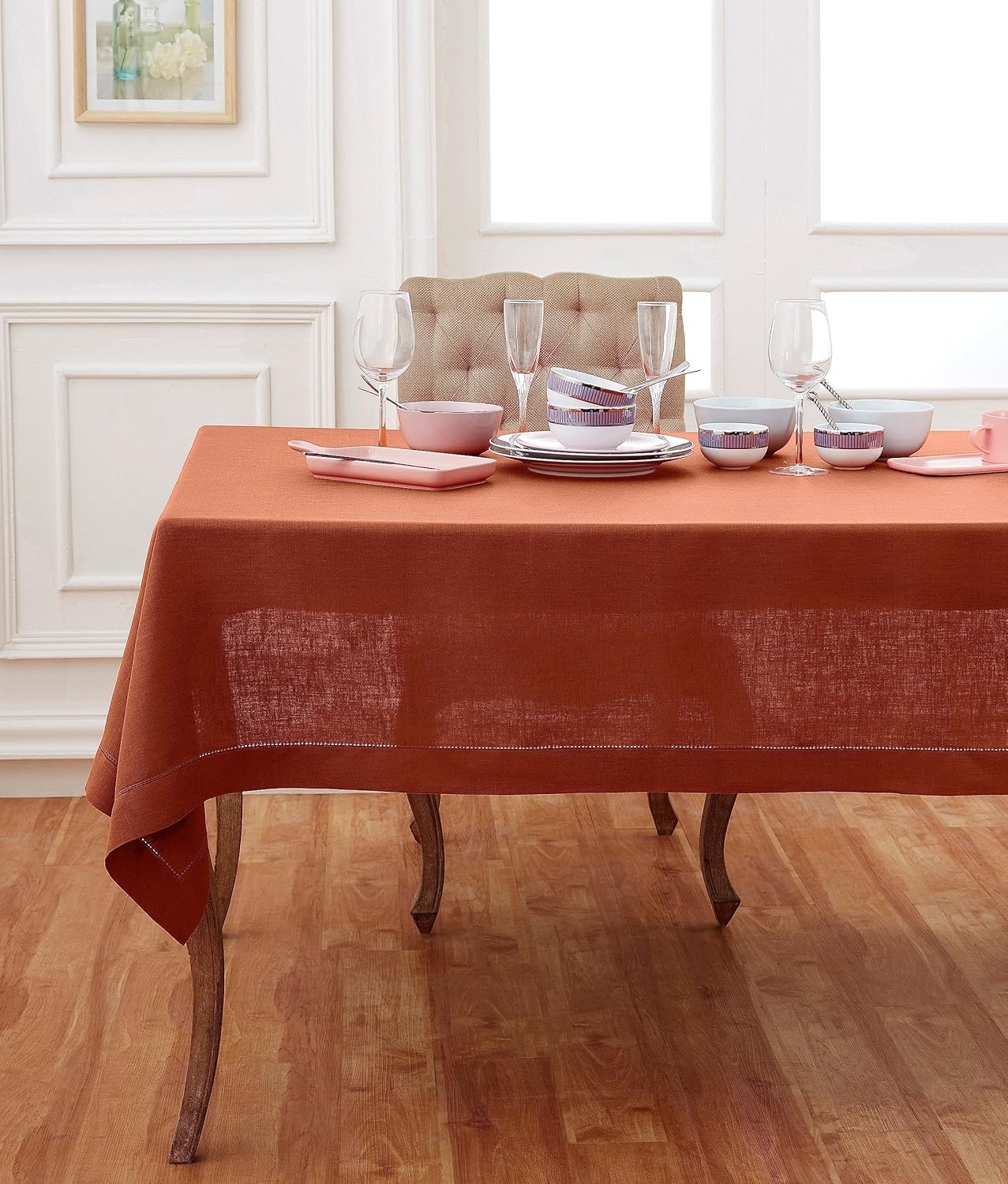 Solino Home Linen Tablecloth 60 x 156 Inch - Classic Hemstitch 100% Pure Linen Cinnamon Table Cloth for Rectangle Tables - Machine Washable Tablecloth for Fall, Autumn, Halloween, Thanksgiving