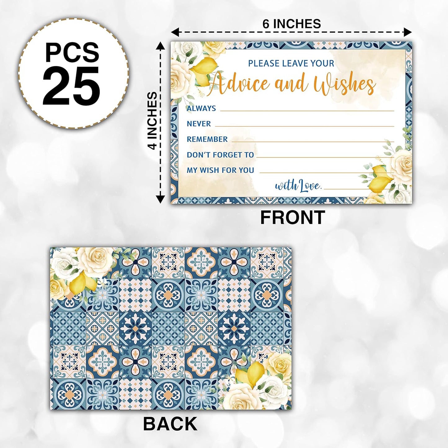 Mediterranean Lemon Advice and Wishes Cards, 25 Pcs Italian Blue Tiles Double Sided Advice Cards for The Bride and Groom, Mr and Mrs, Bride Shower, Wedding Reception, Engagement Party(01)