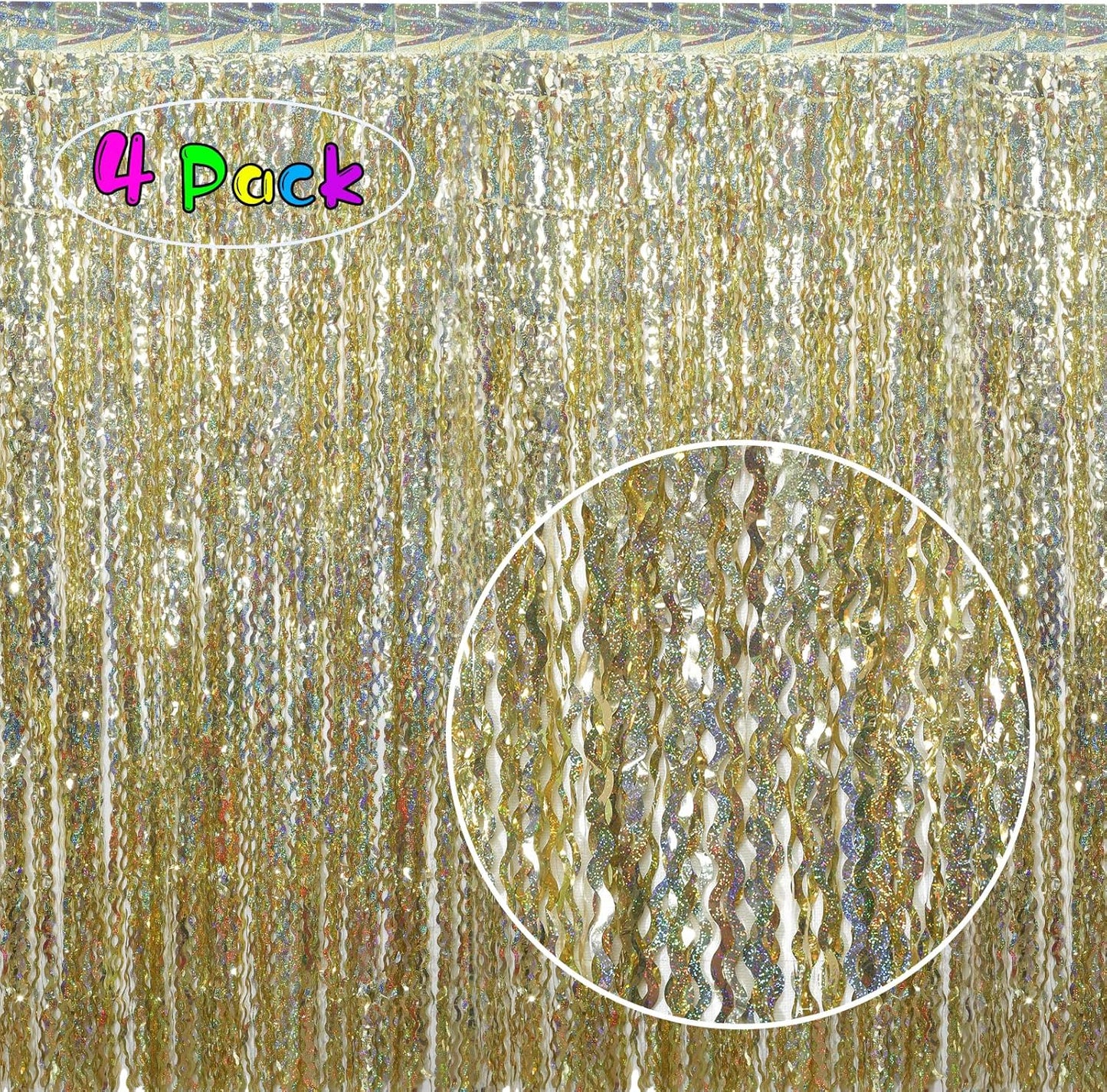 4 Pack Wavy Sparkle Champagne Gold Metallic Tinsel Foil Fringe Curtains Photo Booth Backdrop | Gold Streamer Backdrop for Holiday Celebration Bachelorette Party Decorations