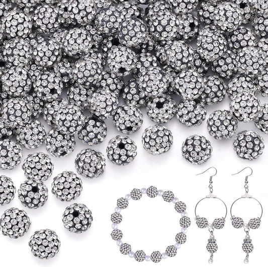 200pcs 10mm Black White Rhinestone Beads for Jewelry Making, Shiny Round Shamballa Disco Ball Beads, Sparkle Crystal Clay Christmas for Bracelet Baseball Necklace Earring Crafting and DIY