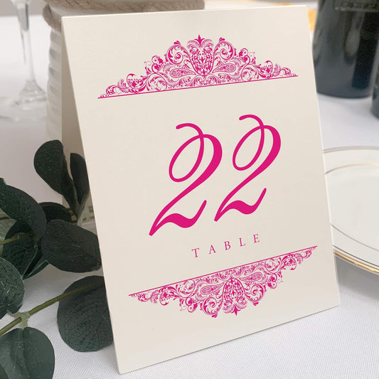 Paisley Wedding Table Numbers (Select Color/Quantity), Champagne, Fuschia, 1-125, Double Sided, Tent or Use in a Stand, Great for Parties & Restaurants - Made in the USA