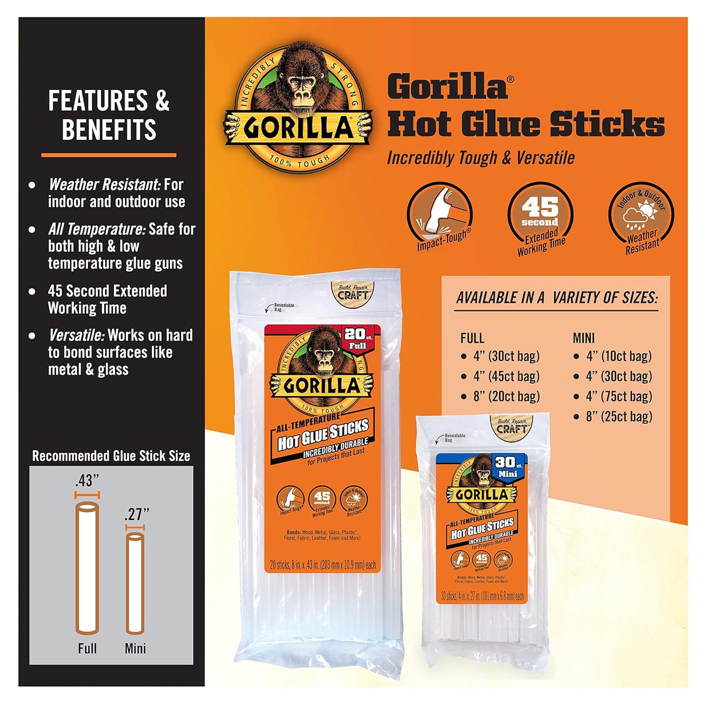 Gorilla Hot Glue Sticks, Clear Glue, Mini Size 8" Long x 0.27" Diameter, 25 Count (Pack of 4) - Safe for All Temperatures with Extended Working Time