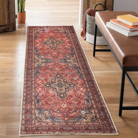 Bloom Rugs Washable Non-Slip 12 ft Runner - Red/Teal Blue/Yellow Traditional Medallion Runner for Entryway, Hallway, Bathroom, and Kitchen - Exact Size: 2.5' x 12'