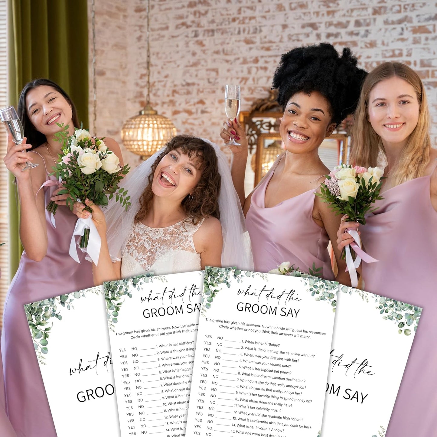 Eucalyptus Bridal Shower Game Cards - What Did the Groom Say, Wedding Engagement Bachelorette Party Bridal Shower Games for 30 Guests, Double Sided Cards Set of 30, Activity Supplies & Favor/A08
