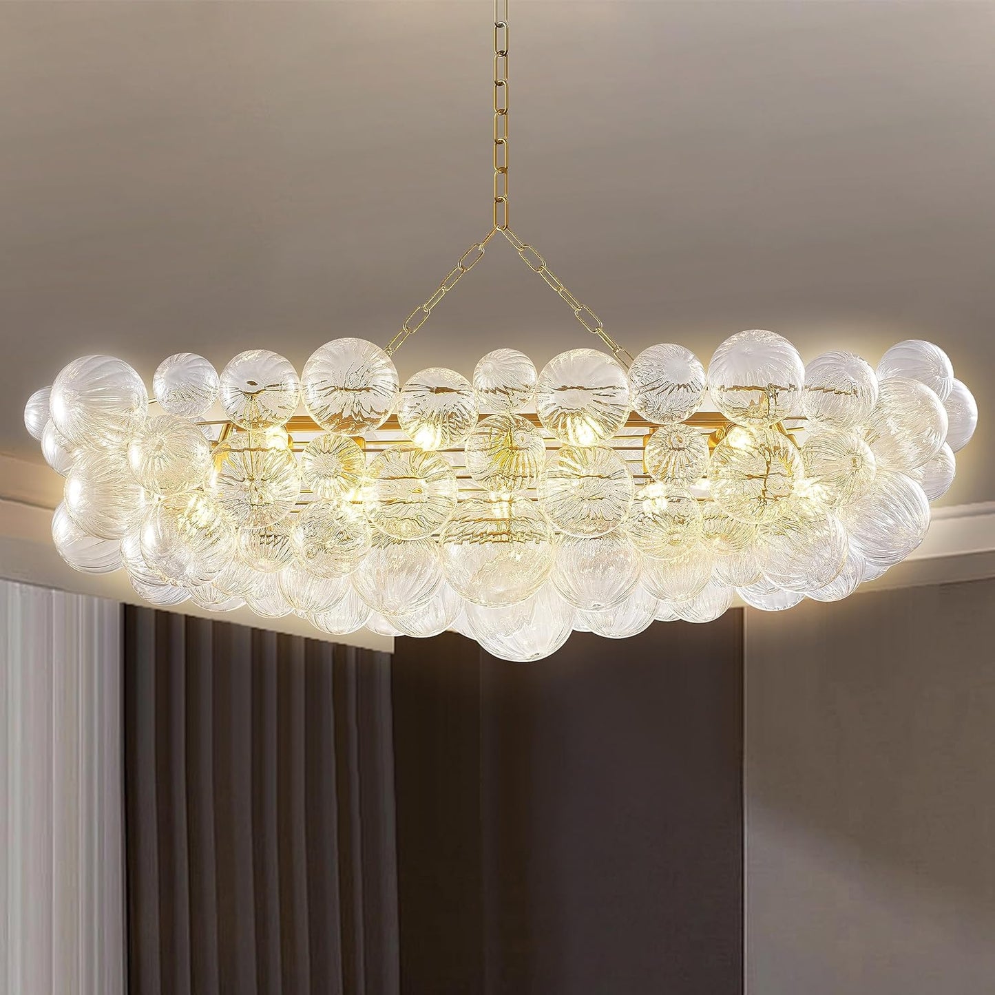 Nordic Bubble Ball Swirled Glass Chandelier 50 inch Rectangular Island Light Fixture Gild Gold and Clear Blown Glass Lighting for Dining Table, Living Room