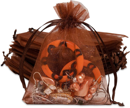 TheDisplayGuys 100-Pack 3x4 Brown Sheer Organza Gift Bags with Drawstring, Jewelry Candy Treat Wedding Party Favors Mesh Pouch
