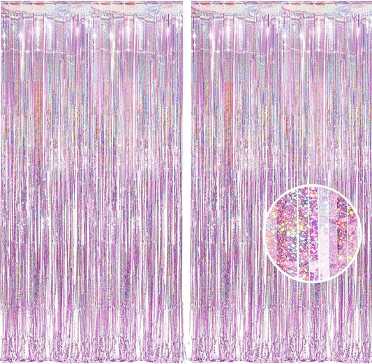 BRAVESHINE Pink Streamers Tinsel Foil Fringe Curtains - 2Pcs 3.2x8.2ft Metallic Photo Booths Backdrop for Girl/Princess/Birthday/Bridal Shower/Engagement/Bachelorette/Boo/Halloween Party Decorations