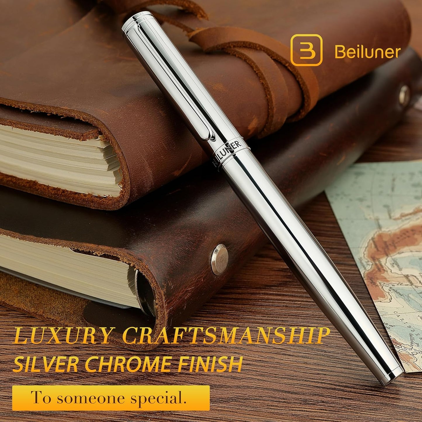 BEILUNER Silver Fountain Pen,Stunning Luxury Pens with Bright Silver Chrome, Gorgeous 24K Gilded Nib(Medium), Fancy Pen Gift for Men&Women -Ink Converter-Elegant, Office,Nice Pen for Writing