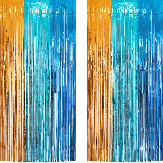Orange Blue Party Streamers Backdrop - GREATRIL Tinsel Fringe Curtain for Blue Dogs Themed Birthdays Decoration 2 Packs