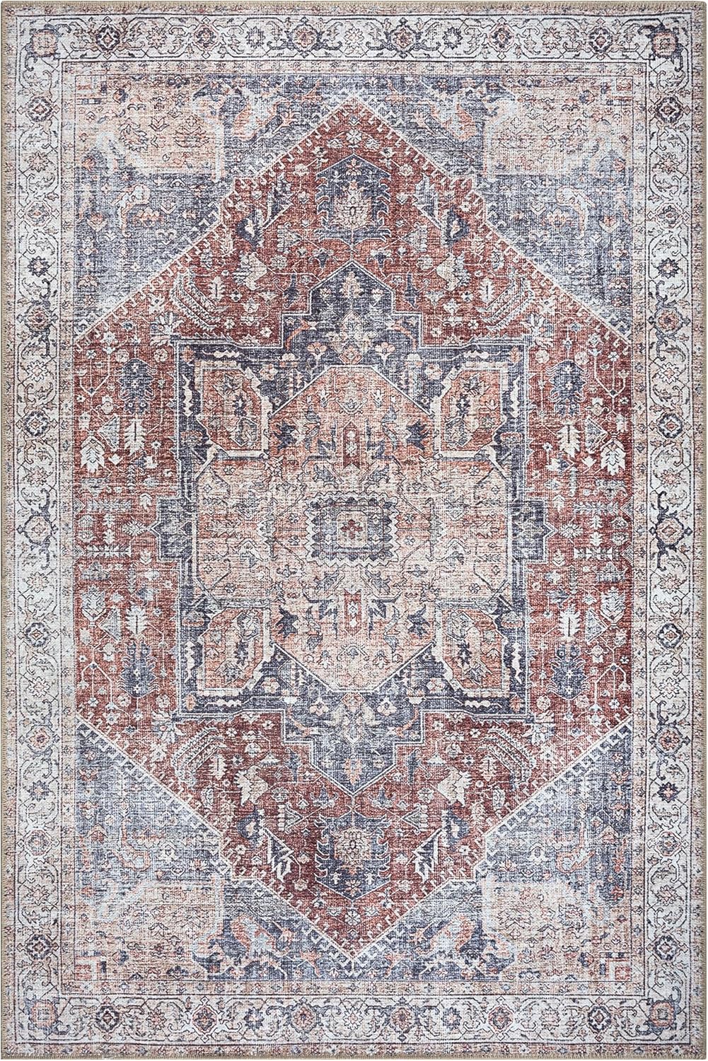 Bloom Rugs Washable Non-Slip 6' x 9' Rug - Red/Blue Traditional Medallion Area Rug for Living Room, Bedroom, Dining Room, and Kitchen - Exact Size: 6' x 9'
