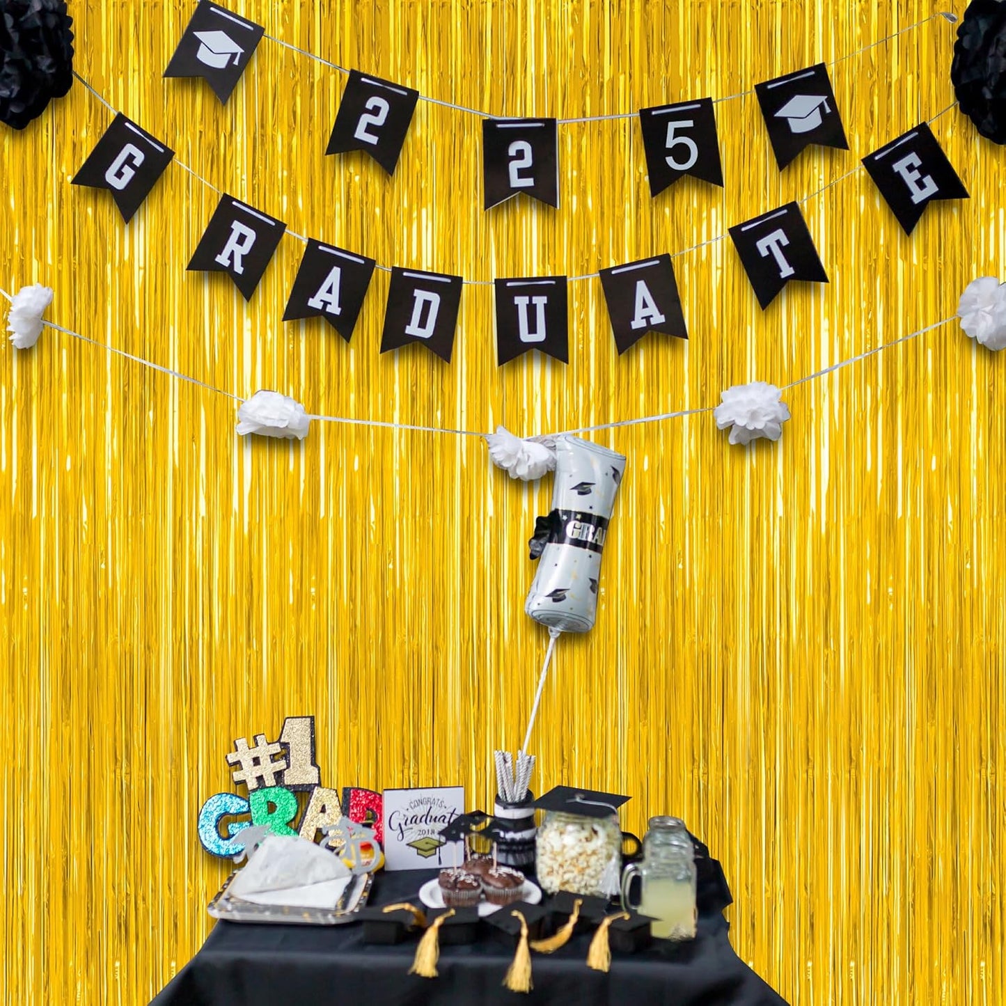 4 Pack 2025 Graduation Party Decorations, 3.28 x 7.05 Feet Gold Grad Curtains, Metallic Gold Backdrop Curtain Class of 2025 Backdrop Party Streamer, Congrad Backdrop Grad Decor 2025