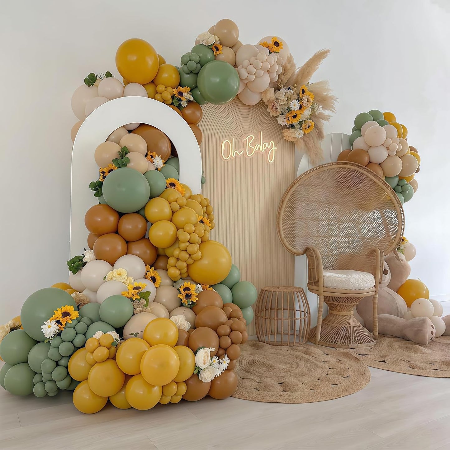 Green and Yellow Balloon Arch Kit 111Pcs Sage Green Mustard Yellow Balloons Garland Boho Lemon Yellow Ivory White Sand Birthday Party Balloons for Sunflower Bear Bee Baby Shower Wedding Decorations