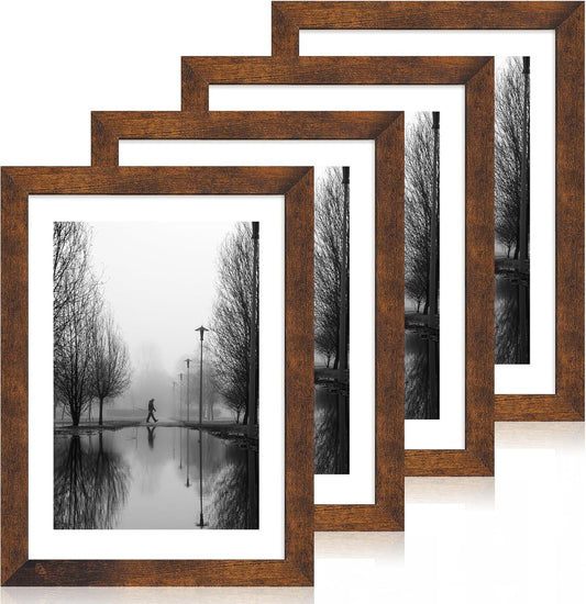 10x14 Picture Frame Set of 4 with Tempered Glass, Rustic Frame Display 8x12 Pictures with Mat or 10 x 14 Without Mat, Wooden Photo Frames for Wall Mounting