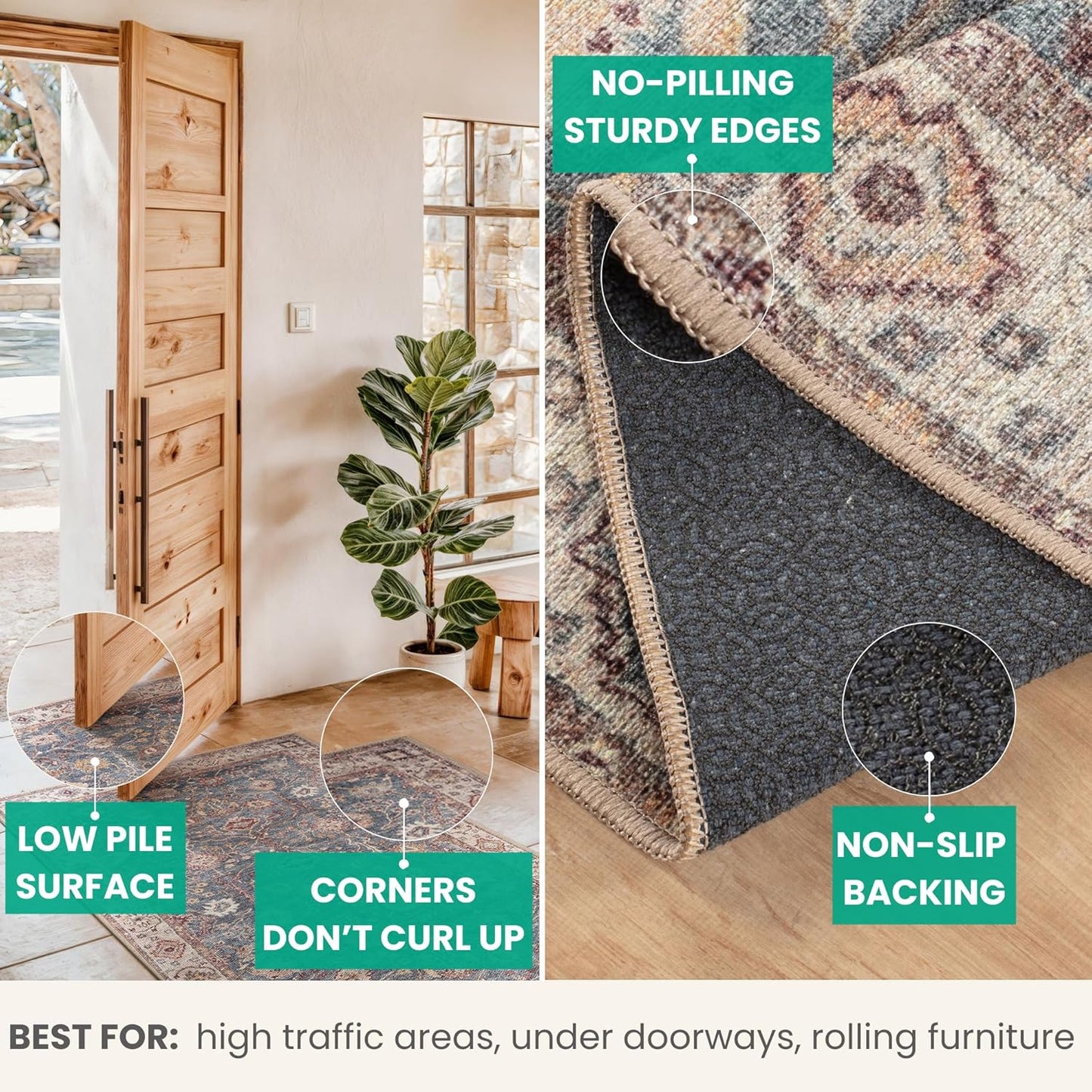 Bloom Rugs Washable Non-Slip 10 ft Runner - Beige/Blue Traditional Bordered Runner for Entryway, Hallway, Bathroom, and Kitchen - Exact Size: 2.5' x 10'