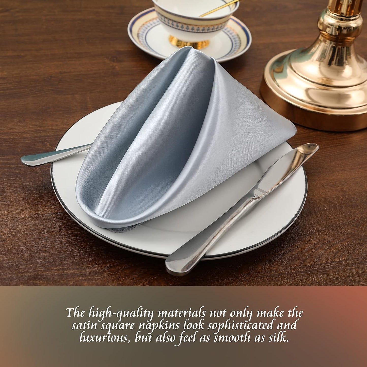 Manyshofu 50 Pieces Silver Satin Napkins - 12x12 Inches Cloth Napkins, Square Satin Fabric Napkin Set - Elegant & Smooth Table Napkins for Wedding Dinner Party Lunch Banquet Decoration