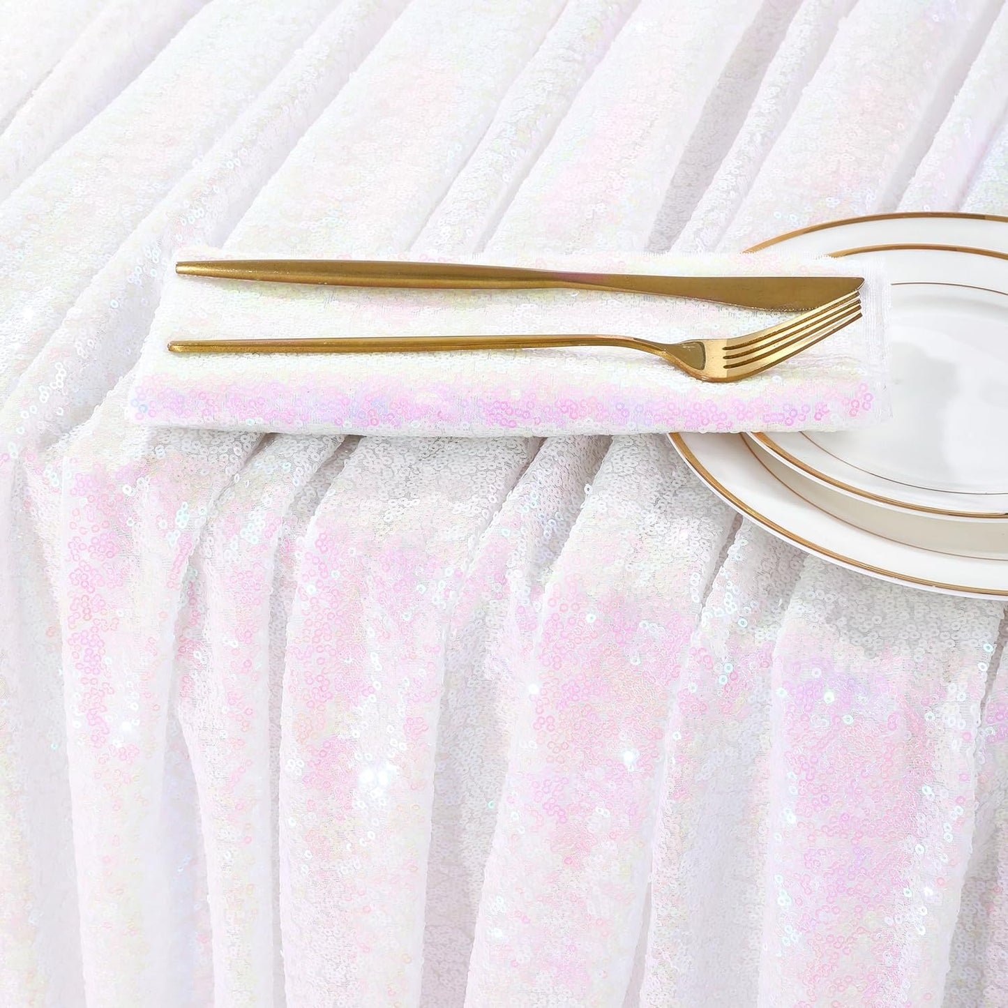 QueenDream Sparkly Sequin Tablecloth - White Iridescent Table Cloth 50x80 Inches Rectangle Table Overlay Fabric for Birthday Parties Baby Shower Decoration