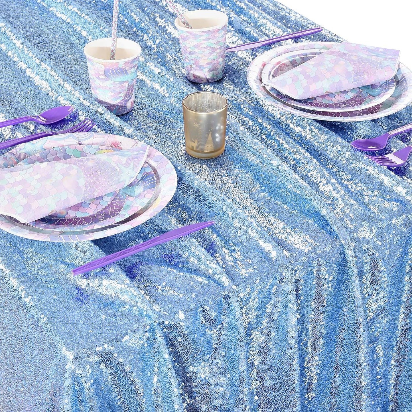 QueenDream Sparkly Sequin Tablecloth - Baby Blue Table Cloth 50x80 Inches Rectangle Table Overlay Fabric for Birthday Parties Baby Shower Decoration