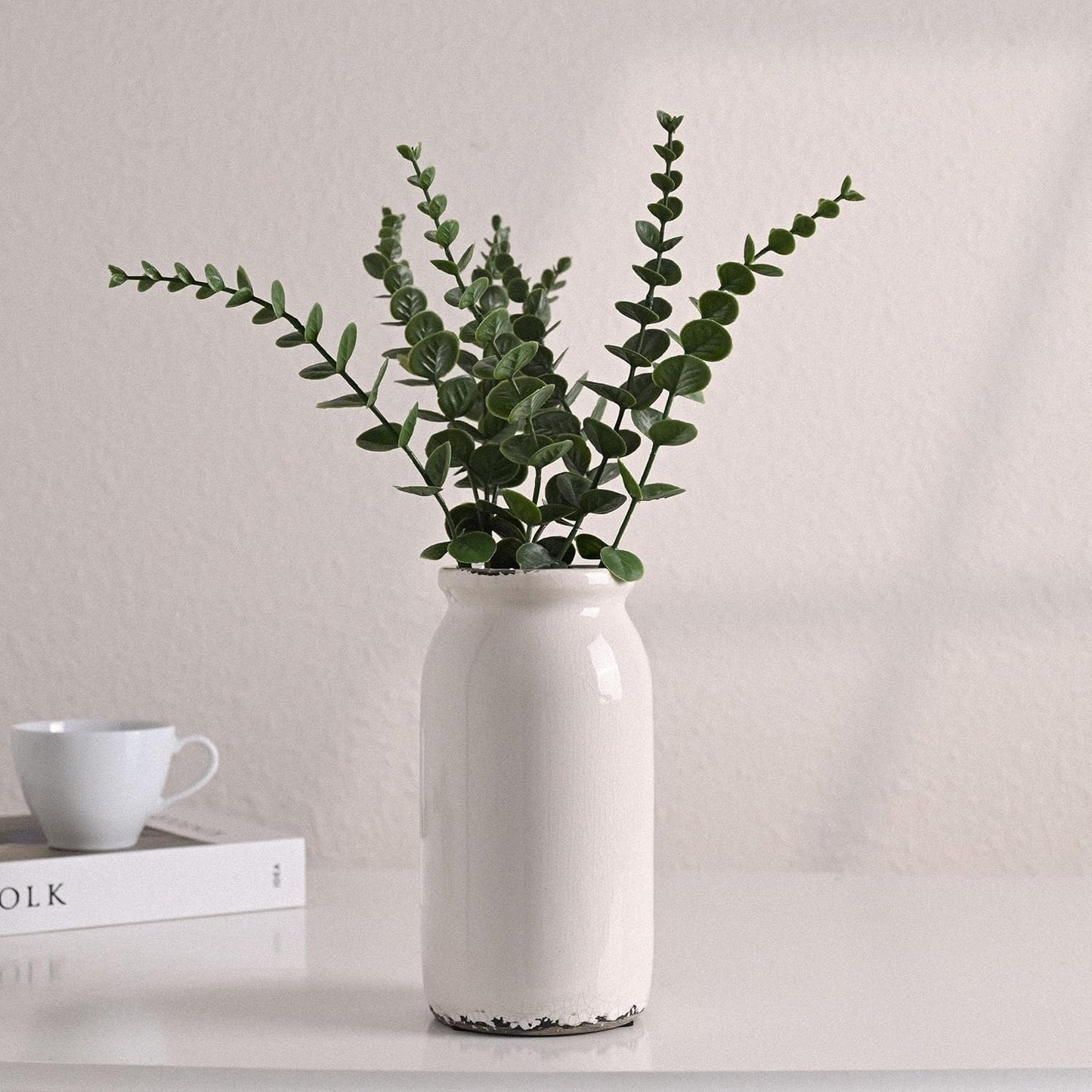 VICTOR & TERESA Rustic White Vase for Home Decor, Ceramic Vases for Flowers, Modern Farmhouse Decorative Vases for Pampas Grass,Table Accent, Mantel, Living Room,Bookshelf, Centerpieces, 8''
