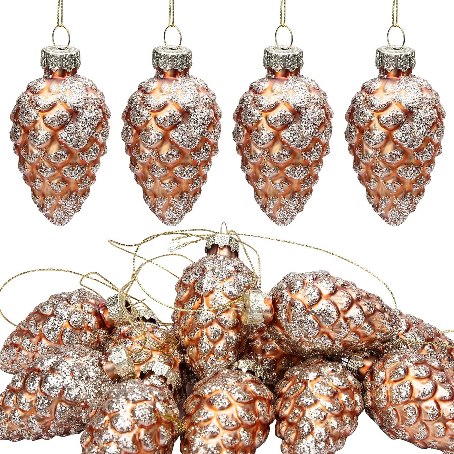 Watayo 12 Pcs Christmas Pinecone Glass Ornaments- Fall Hanging Pine Cone Painted Glass Ornaments- Glitter Pinecone Christmas Ornament for Xmas Tree DIY Crafts Fall Thanksgiving Day Decoration