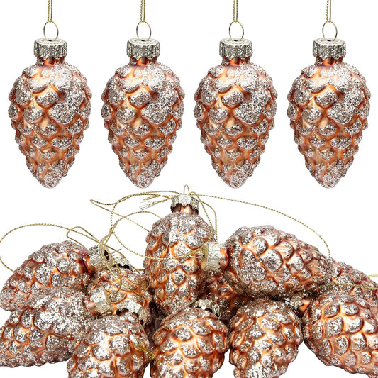 Watayo 12 Pcs Christmas Pinecone Glass Ornaments- Fall Hanging Pine Cone Painted Glass Ornaments- Glitter Pinecone Christmas Ornament for Xmas Tree DIY Crafts Fall Thanksgiving Day Decoration