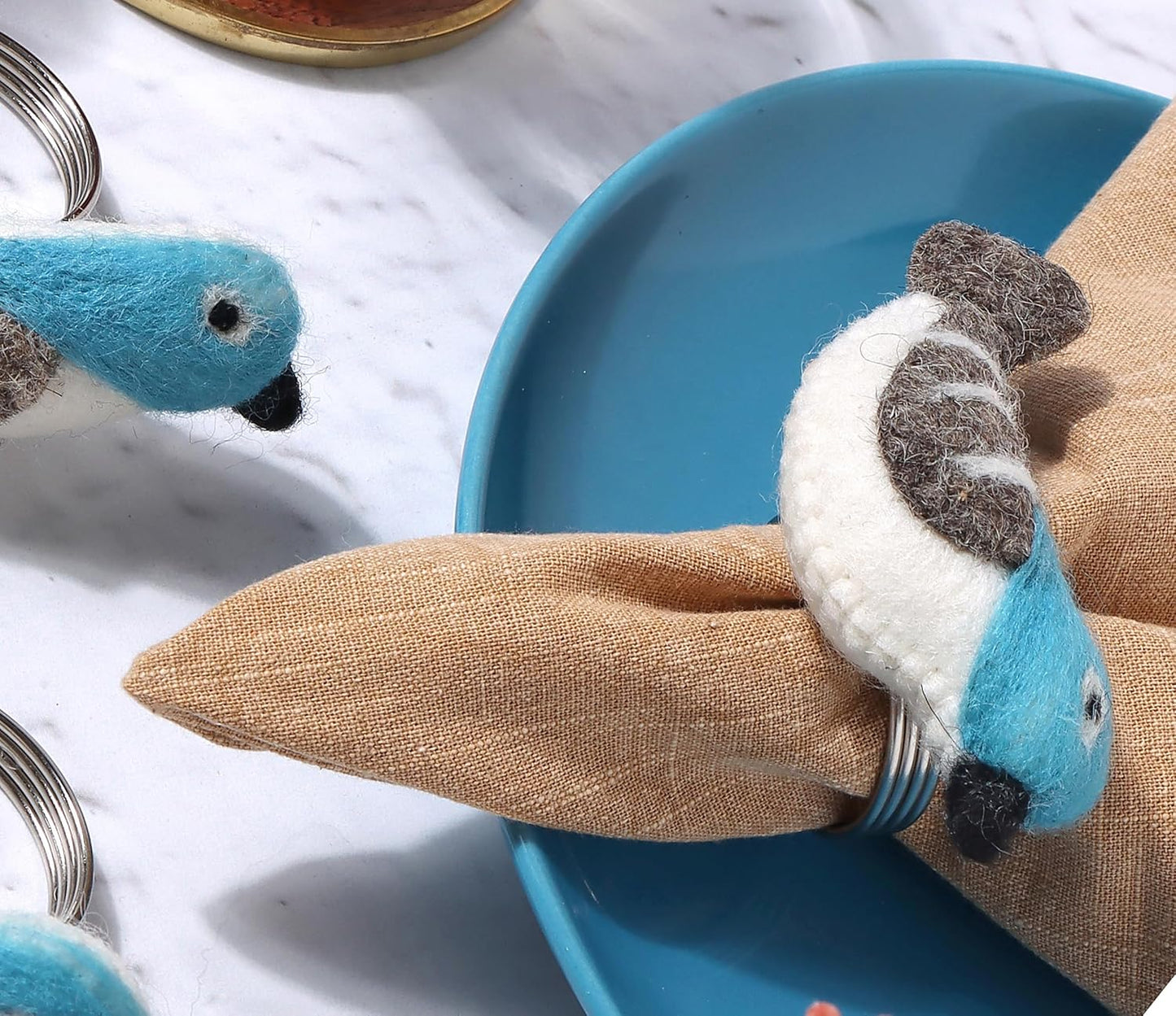 Wool Felt Napkin Ring Set of 8 - Bird Napkin Holder for Dining Table with Silver Electroplated Metal Base - Perfect for Spring, Holiday Parties, Rustic Event (White Blue Grey Black) - CLEENTABLE