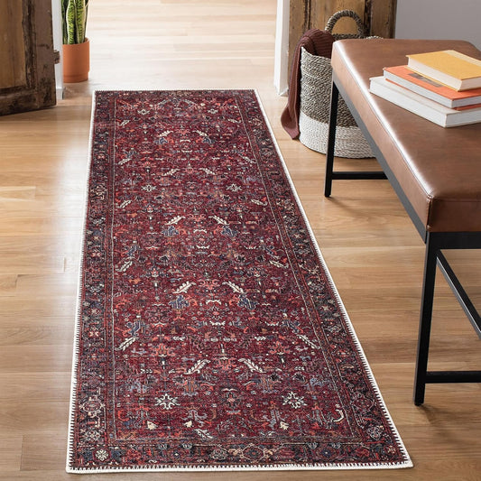 Bloom Rugs Washable Non-Slip 10 ft Runner - Burgundy Traditional Bordered Runner for Entryway, Hallway, Bathroom, and Kitchen - Exact Size: 2.5' x 10'