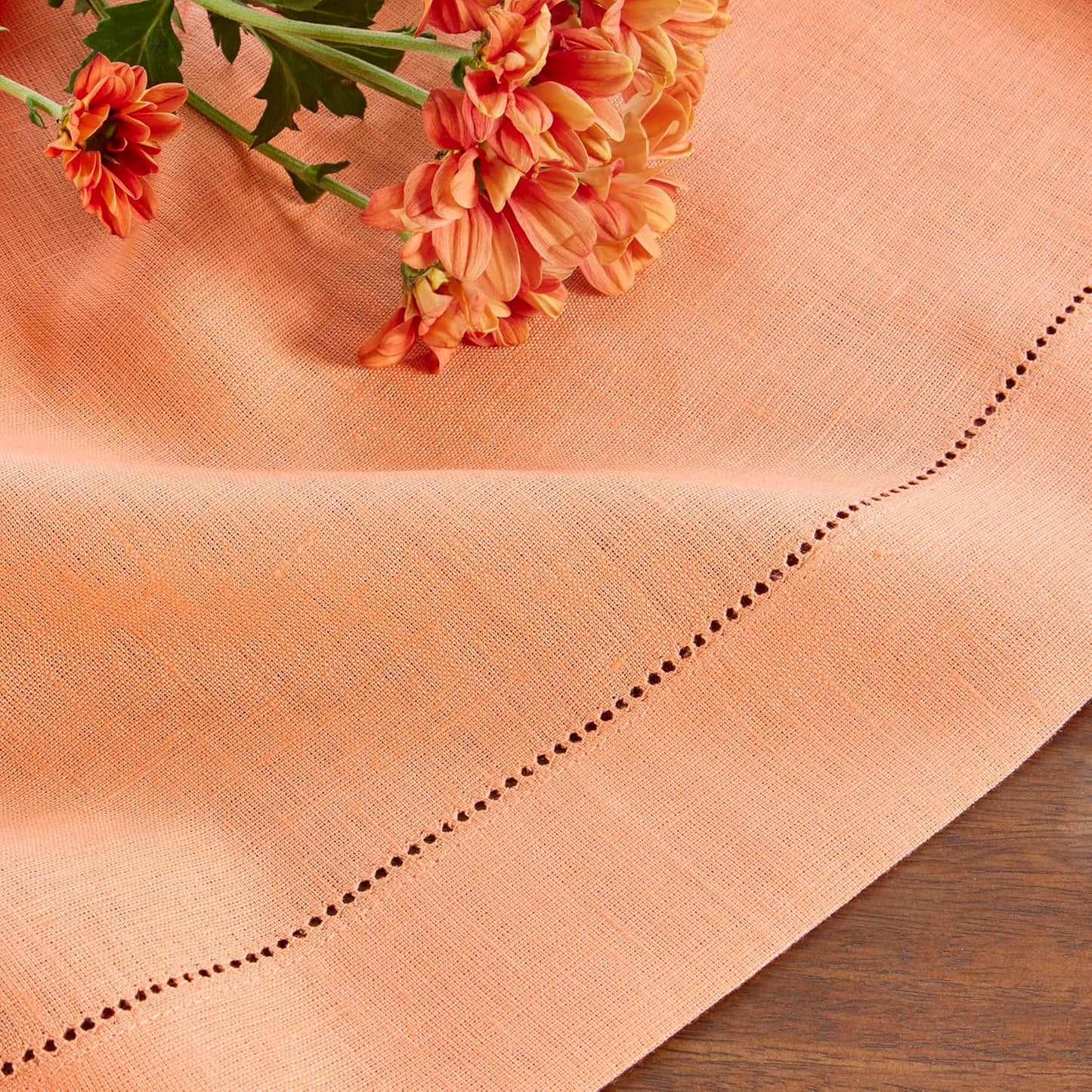 Solino Home Linen Tablecloth 60 x 132 Inch - Classic Hemstitch 100% Pure Linen Coral Table Cloth for Rectangle Tables - Machine Washable Tablecloth