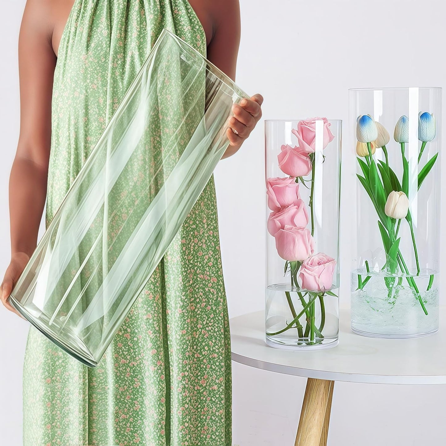 Extra Large Acrylic Cylinder Clear Vase for Floor, Tall Big Wide Mouth Plastic Unbreakable Hurricane Flower Vases of 3 for Home Decor (D 8" X H 19.7", D 6", D 4.8" + 2 Holder)