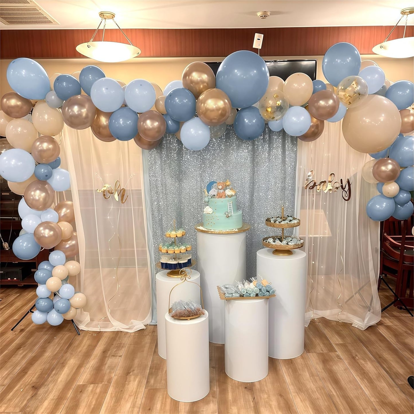 Dusty Blue Balloon Set, 60Pcs 12 Inch Slate Muted Baby Blue Fog Pastel Light Blue White Sand Balloon with Metallic Confetti Champagne Gold Balloons for Boy Birthday Party Baby Bridal Shower Decortaion