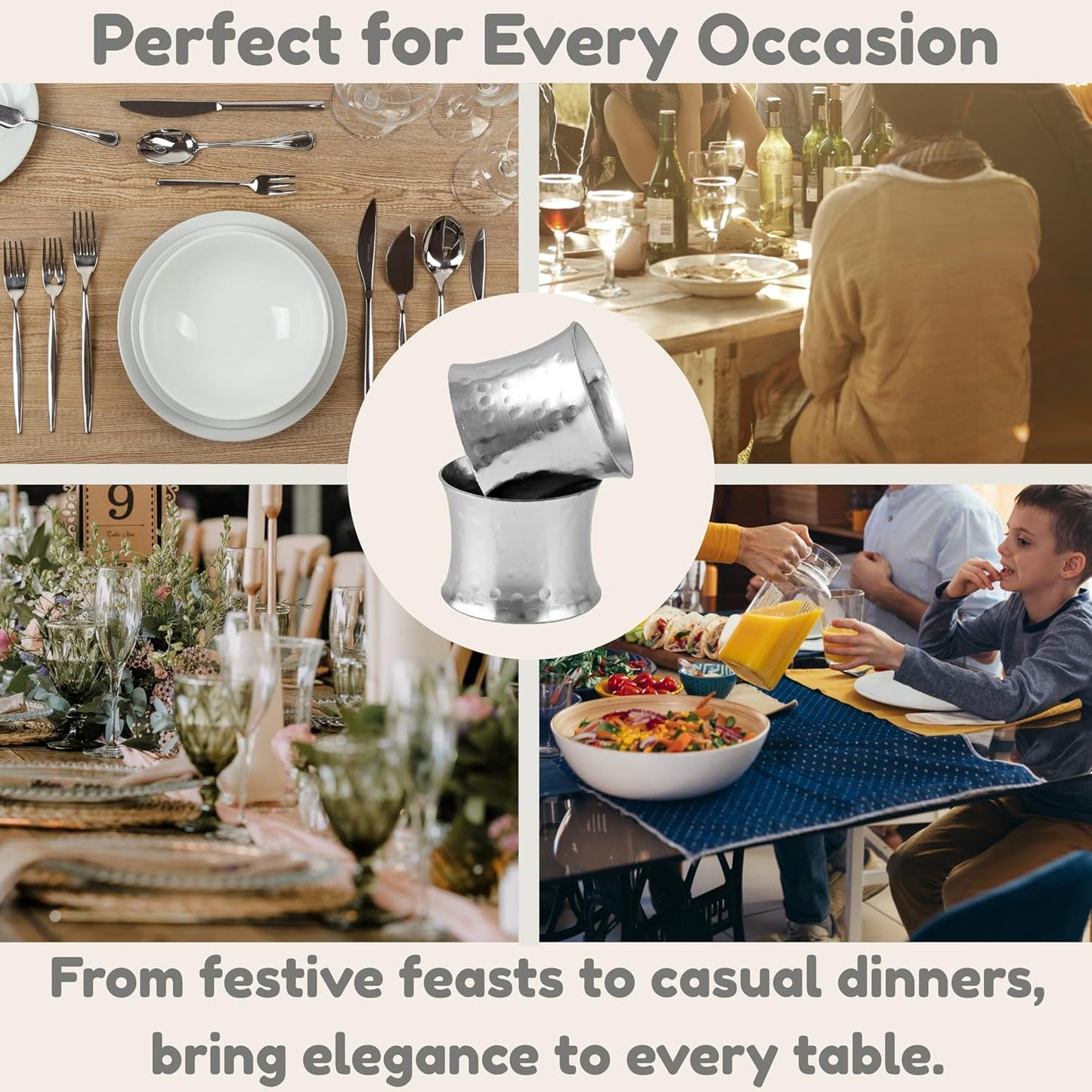 Metal Napkin Rings Set of 12 - Silver Drum-Shaped Handcrafted Serviette Holders for Dinners, Holidays, Weddings, Family Gatherings - Elegant Aluminum Table Decor for Everyday Use - ALPHA Living HOME