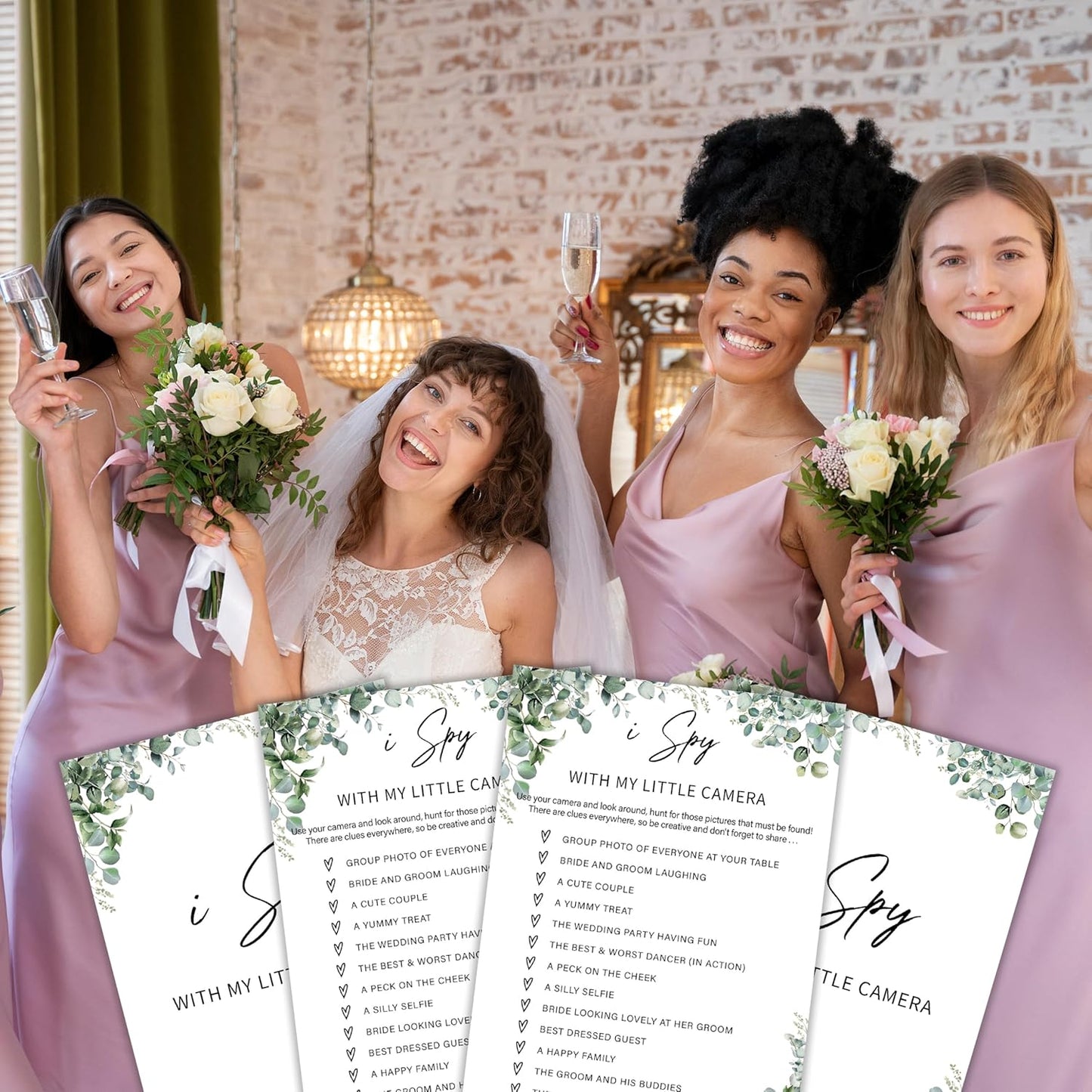 Eucalyptus Bridal Shower Game Cards - I Spy With My Little Camera, Wedding Engagement Bachelorette Party Bridal Shower Games for 30 Guests, Double Sided Cards Set of 30, Activity Supplies & Favor/A13