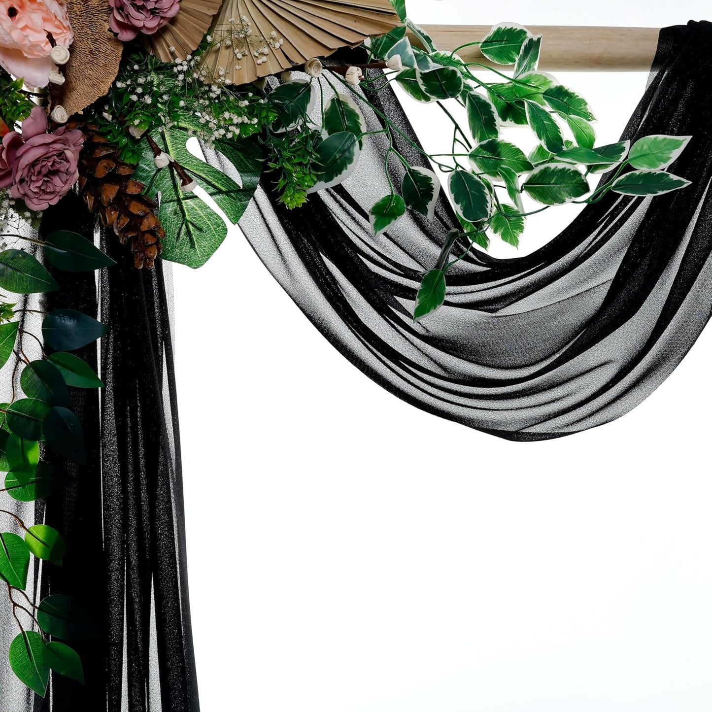 VDS Pack of 2 Panel (30 Inch X 20 Feet) Wedding Arch Draping Fabric Sheer Chiffon Fabric Drapery for Wedding Ceremony Reception Swag Backdrop Canopy Chuppah ARBO Altars Decoration (Black)