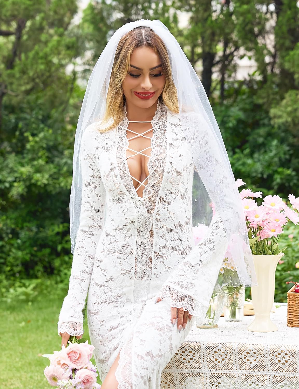 Lovasy Pearl Wedding Bridal Veil 1 Tier Long Veils with Metal Comb– Premium Wedding Accessories for Brides Bachelorette Party