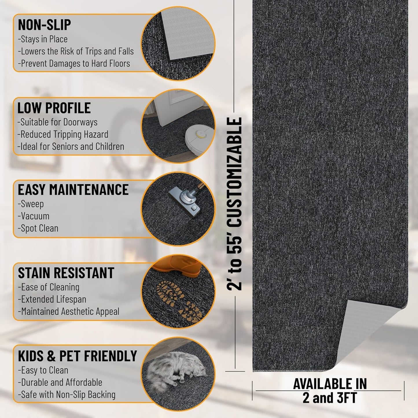 Ottomanson 2'7" x 24' Ultra-Thin Hallway Runner Rug - Durable Non-Slip Carpet for High-Traffic Areas - Fits Under Doors for Seamless Entry - Ideal for Kitchen, Entryway, Bedroom & Living Room, Black