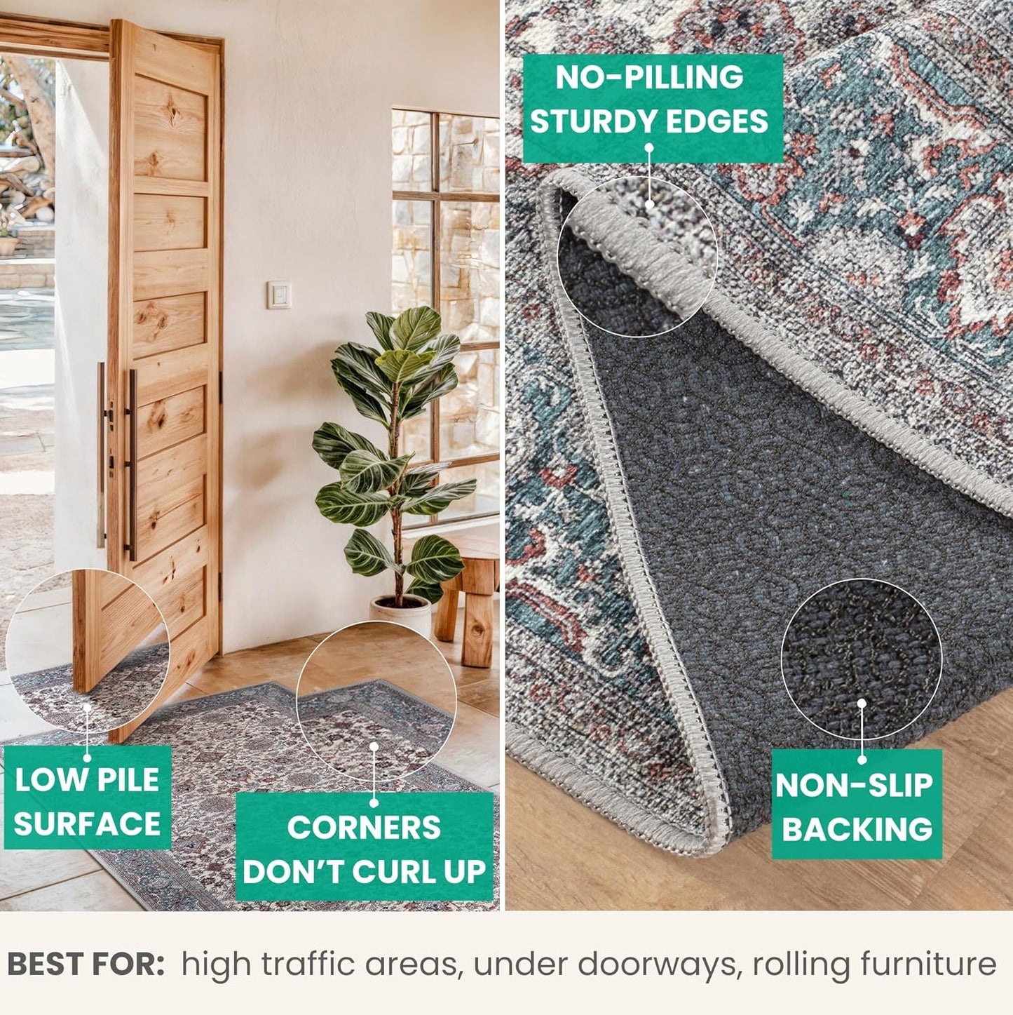 Bloom Rugs Washable Non-Slip 9' x 12' Rug - Teal/Blue/Beige Traditional Oriental Area Rug for Living Room, Bedroom, Dining Room, and Kitchen - Exact Size: 9' x 12'