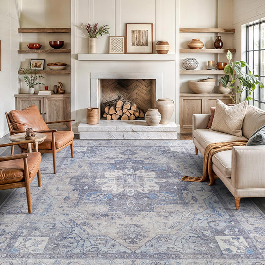 Bloom Rugs Washable Non-Slip 9' x 12' Rug - Blue/Sand Traditional Medallion Area Rug for Living Room, Bedroom, Dining Room, and Kitchen - Exact Size: 9' x 12'