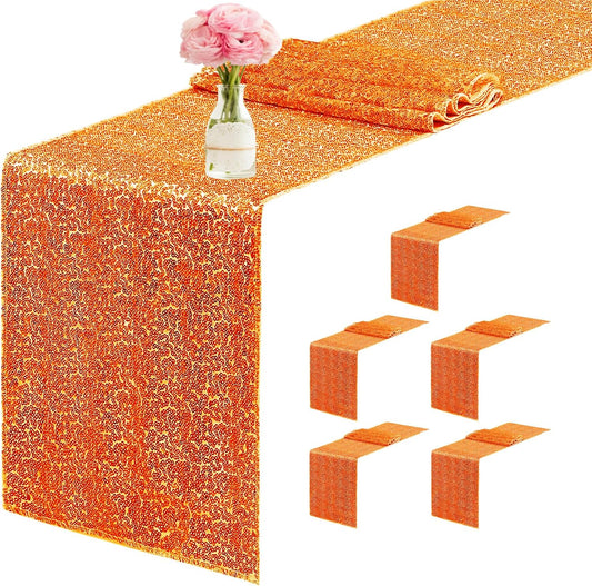 6 Packs 12 x 72 inches Sequin Table Runner, Orange Glitter Table Runner for Birthday Party Supplies Wedding Engagement Baby Shower Holiday Celebration Event Decorations