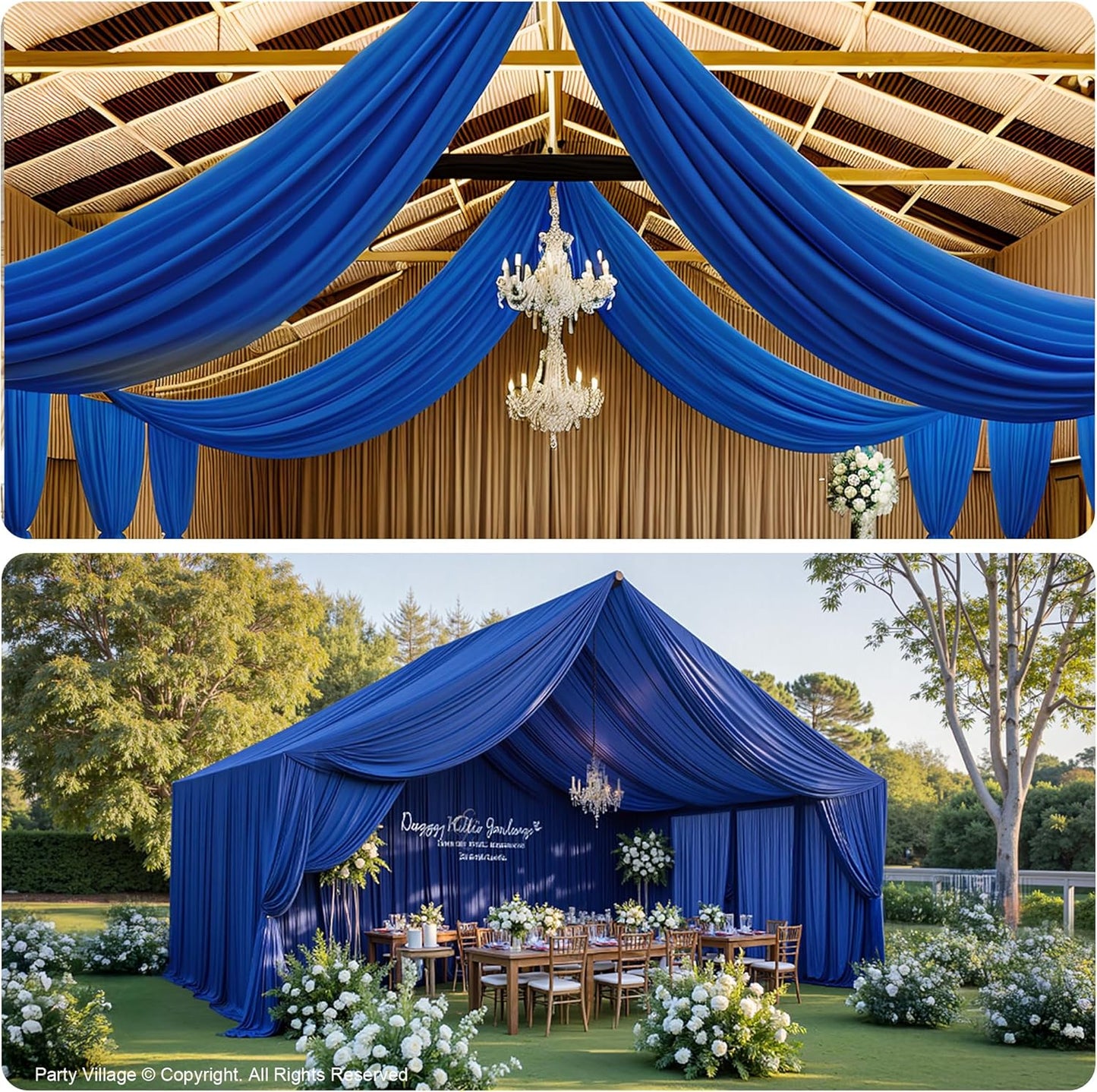 PartyVillage 10 Panels 5ftx30ft Royal Blue Ceiling Drapes for Wedding Parties – 30 FT Extra Long Thick Polyester Wrinkle-Free Drapery Tent Decor Decorations for Birthday Party Ceremony Stage Swag