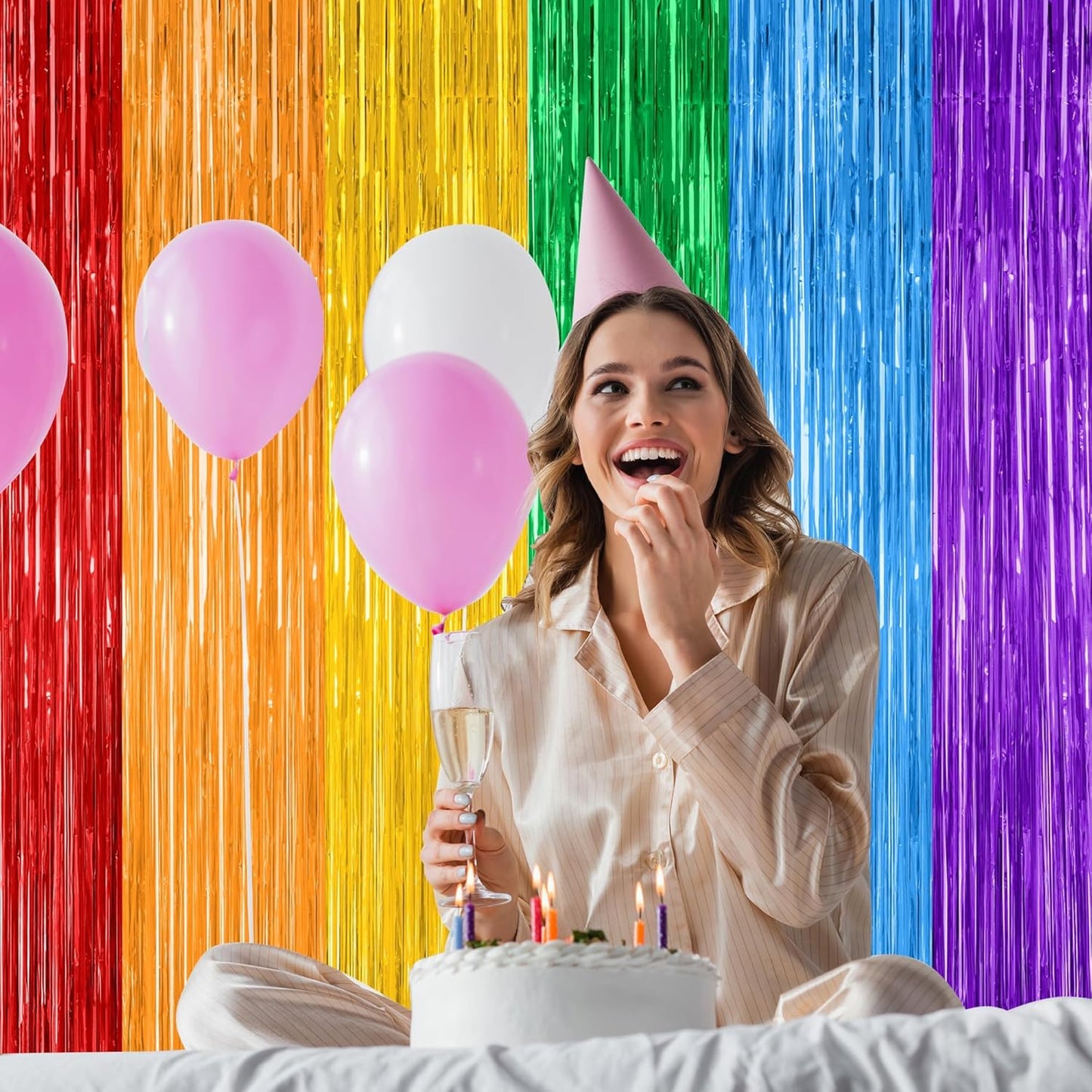 8 Pack Rainbow Backdrop, 3.28 FT x 7.05 FT Backdrop Curtains, Metallic Fringe Curtains Tinsel Bakdrop Party Streamer, Wedding Decor Rainbow Party Decorations Pride Photo Booth Props