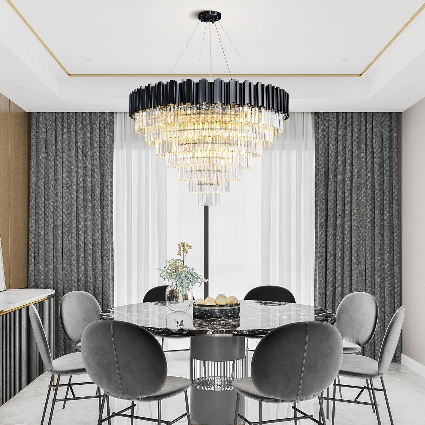 39" Black Crystal Chandelier, 21-Light Modern Luxury Round Chandelier, 7-Tier Contemporary Tiered Chandeliers Light Fixture for Dining Room, Living Room, Bedroom, Foyer, Entryway, Kitchen
