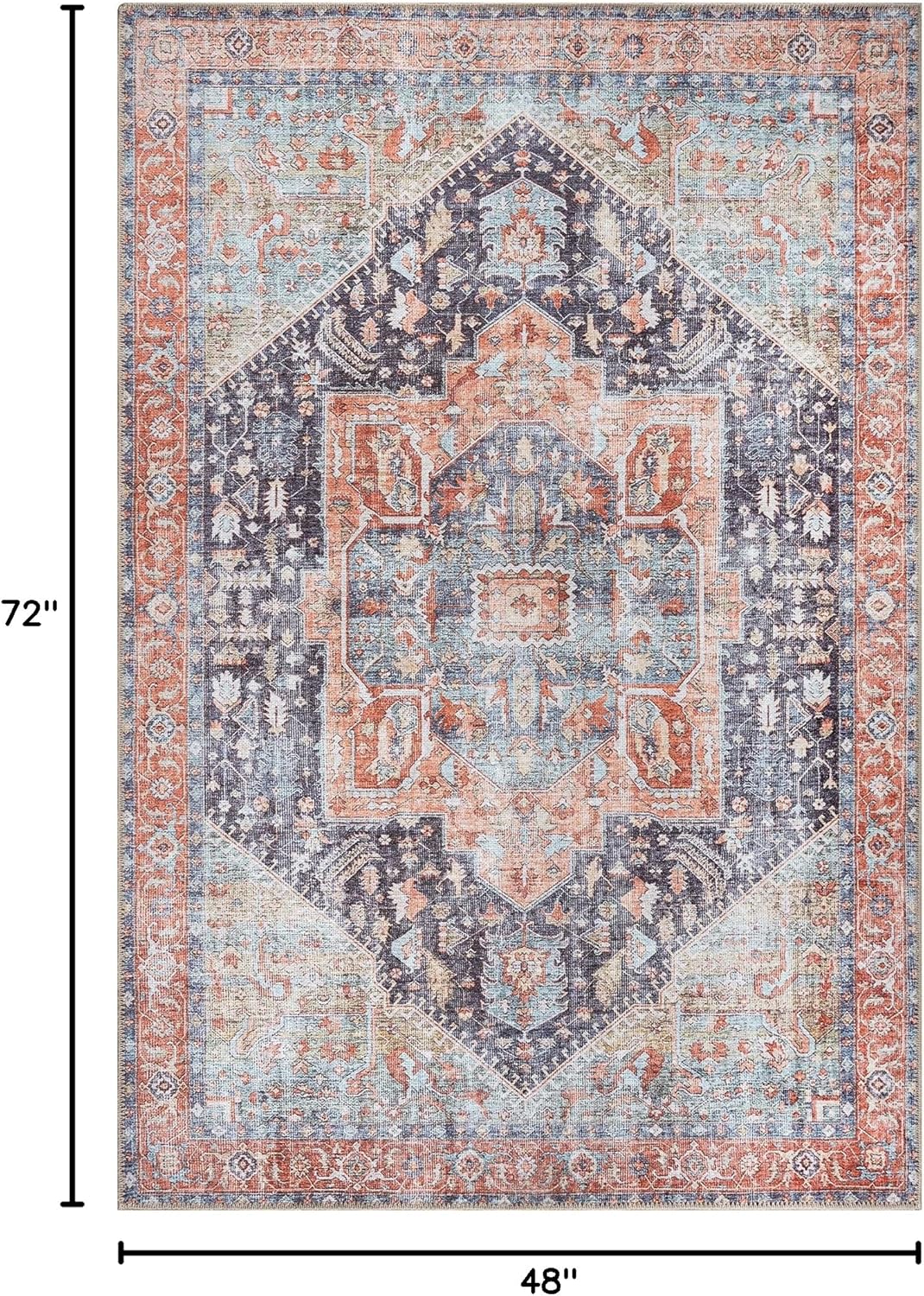 Bloom Rugs Washable Non-Slip 4' x 6' Rug - Terracotta/Blue Traditional Medallion Area Rug for Living Room, Bedroom, Dining Room, and Kitchen - Exact Size: 4' x 6'